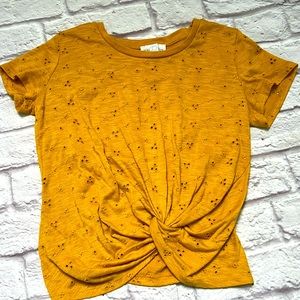 Mustard eyelet floral twist front top